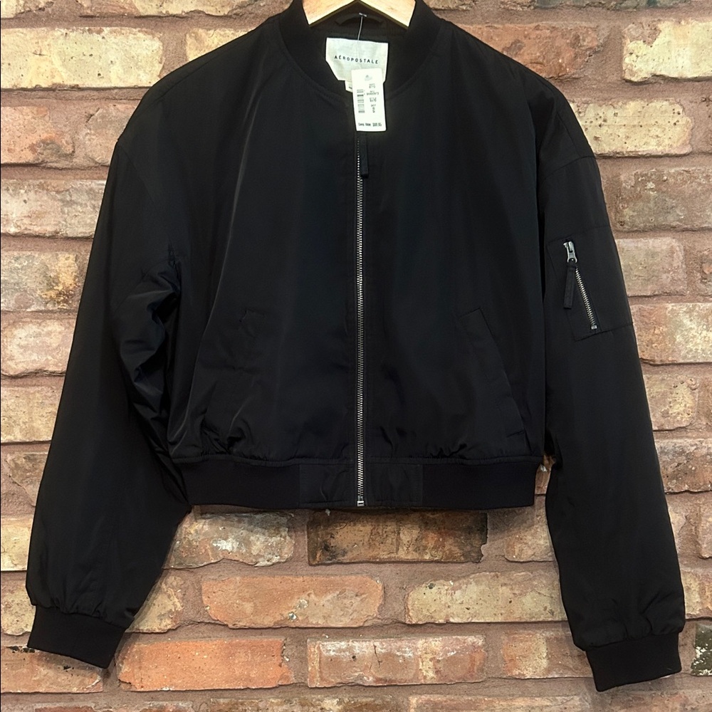 NWT Aeropostale Women's Black Bomber Jacket with Sleeve Pocket. Small